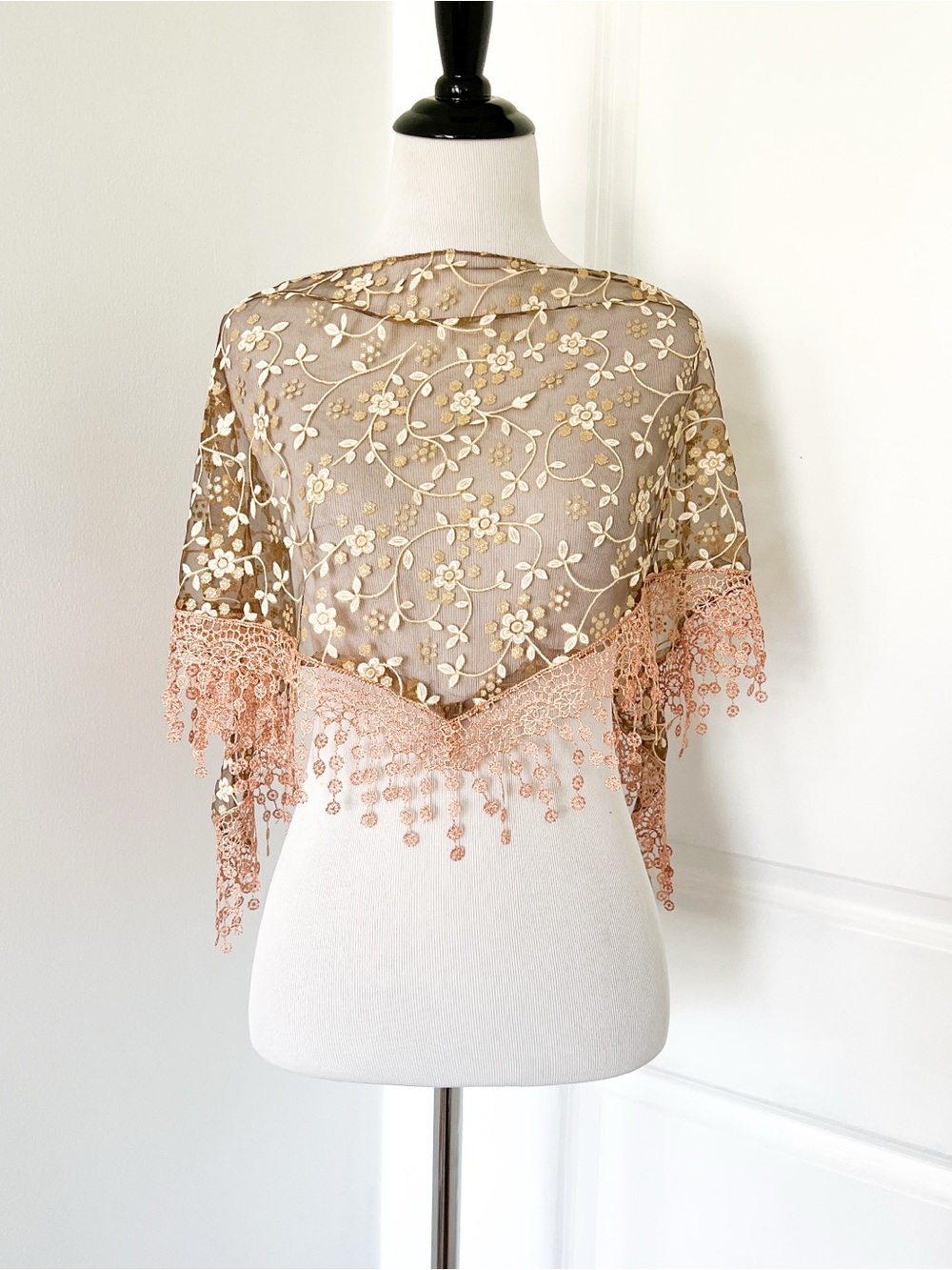 Embroidered Floral Lace Scarf Wrap in Blush and Gold